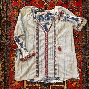 Johnny Was Embroidered Blue and Red Women's Top